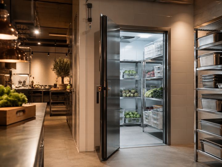 Illustration d’une cuisine professionnelle ouverte sur sa chambre froide